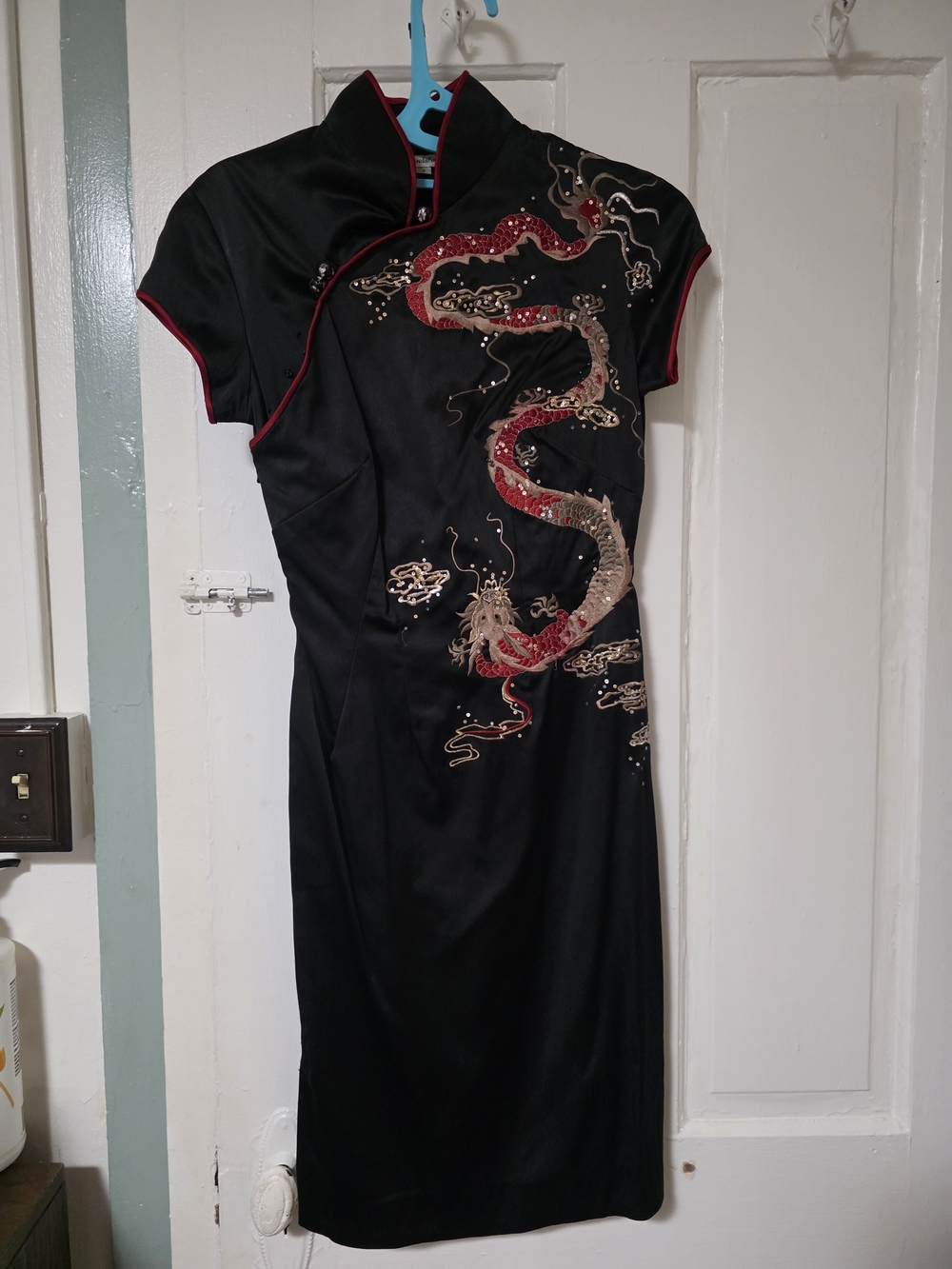 Mandalay Y2k 2000s Black Midi Cheongsam Dress with Red & Gold Dragon Embroidery